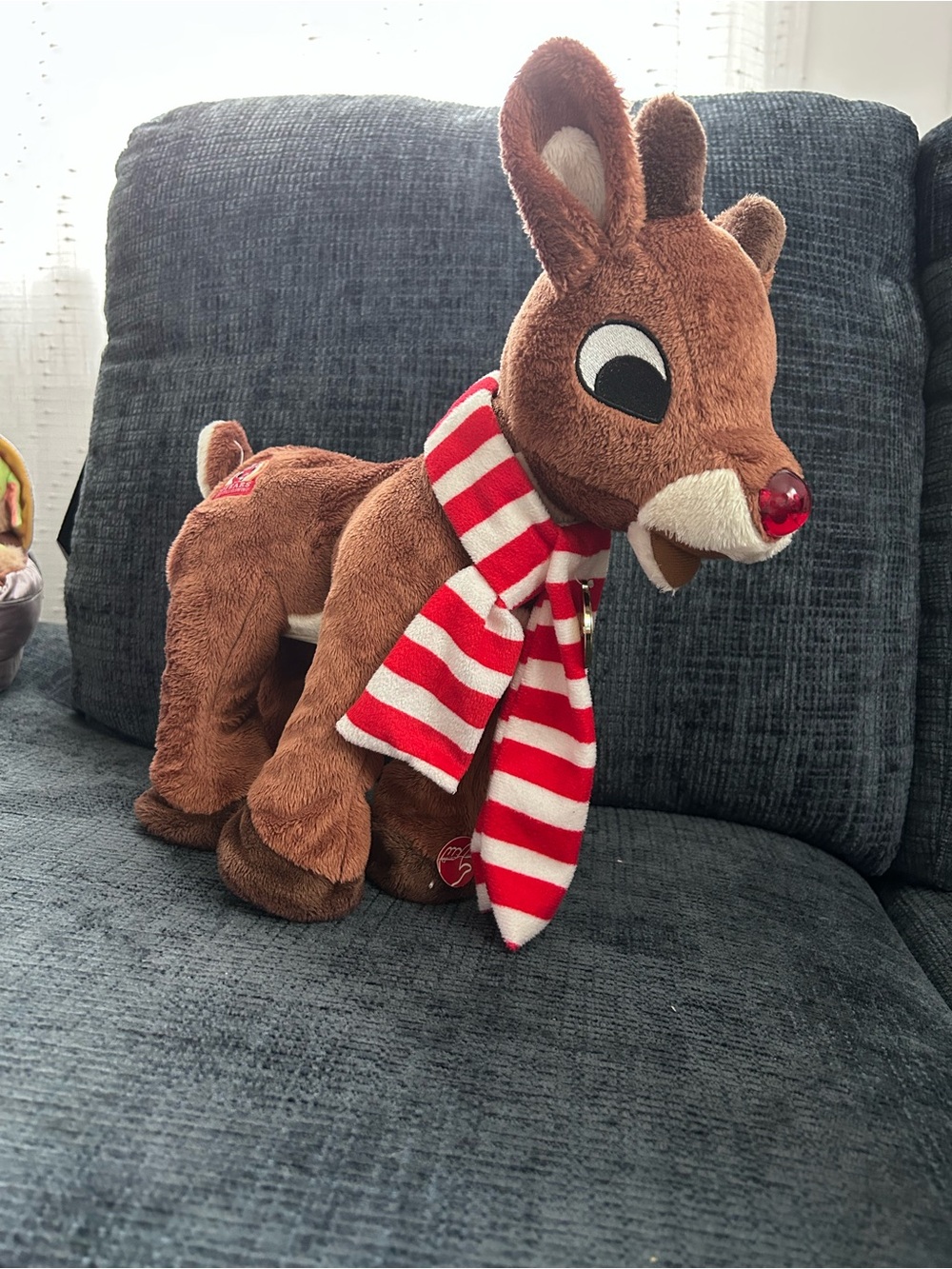 Plush Brown Reindeer Toy with Red Nose and Striped Scarf